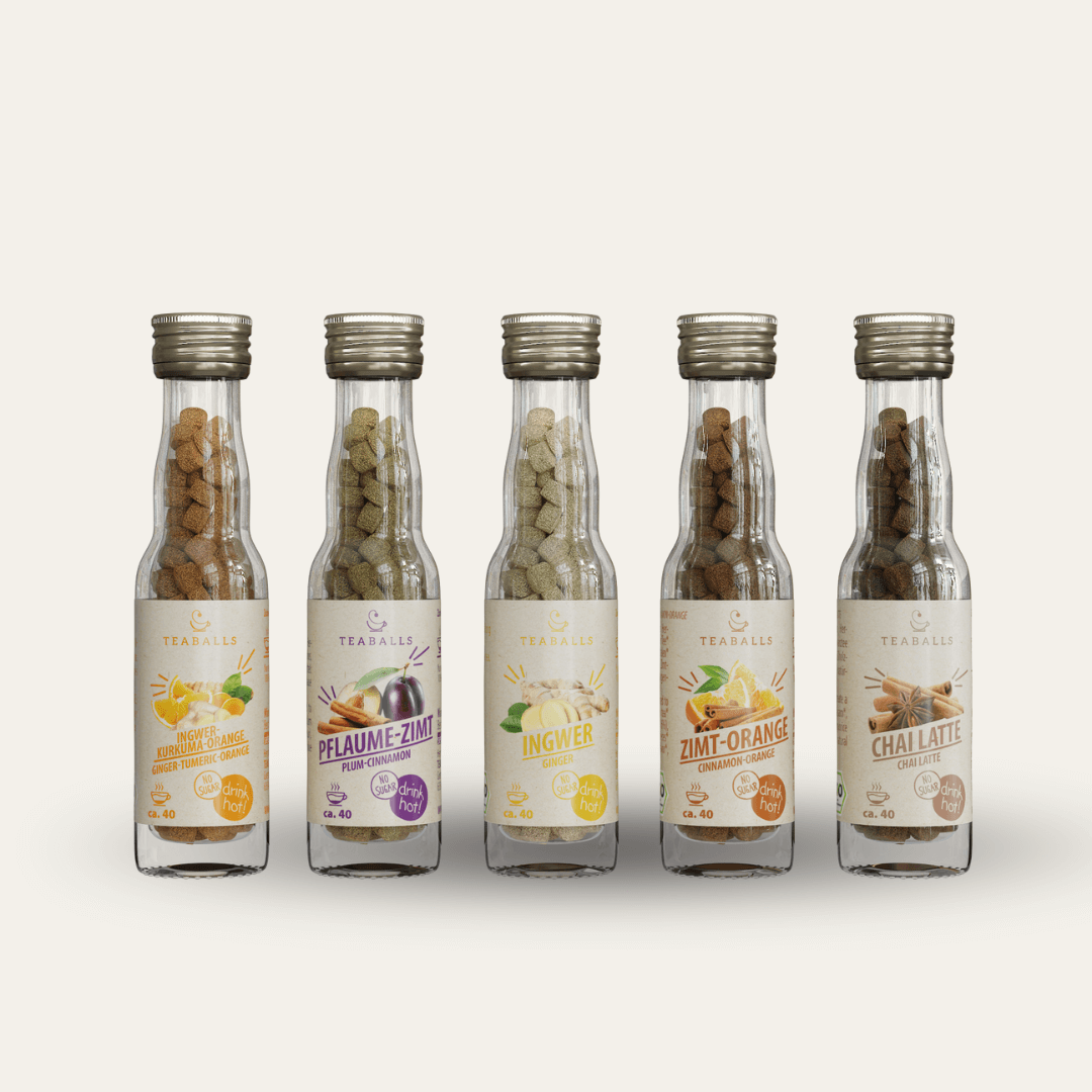 (NEU) TEABALLS BIO - 5er Set WINTERWÄRME - INGWER KURKUMA ORANGE, PFLAUME ZIMT, INGWER, ZIMT ORANGE, CHAI LATTE VIP - TEABALLS GmbH