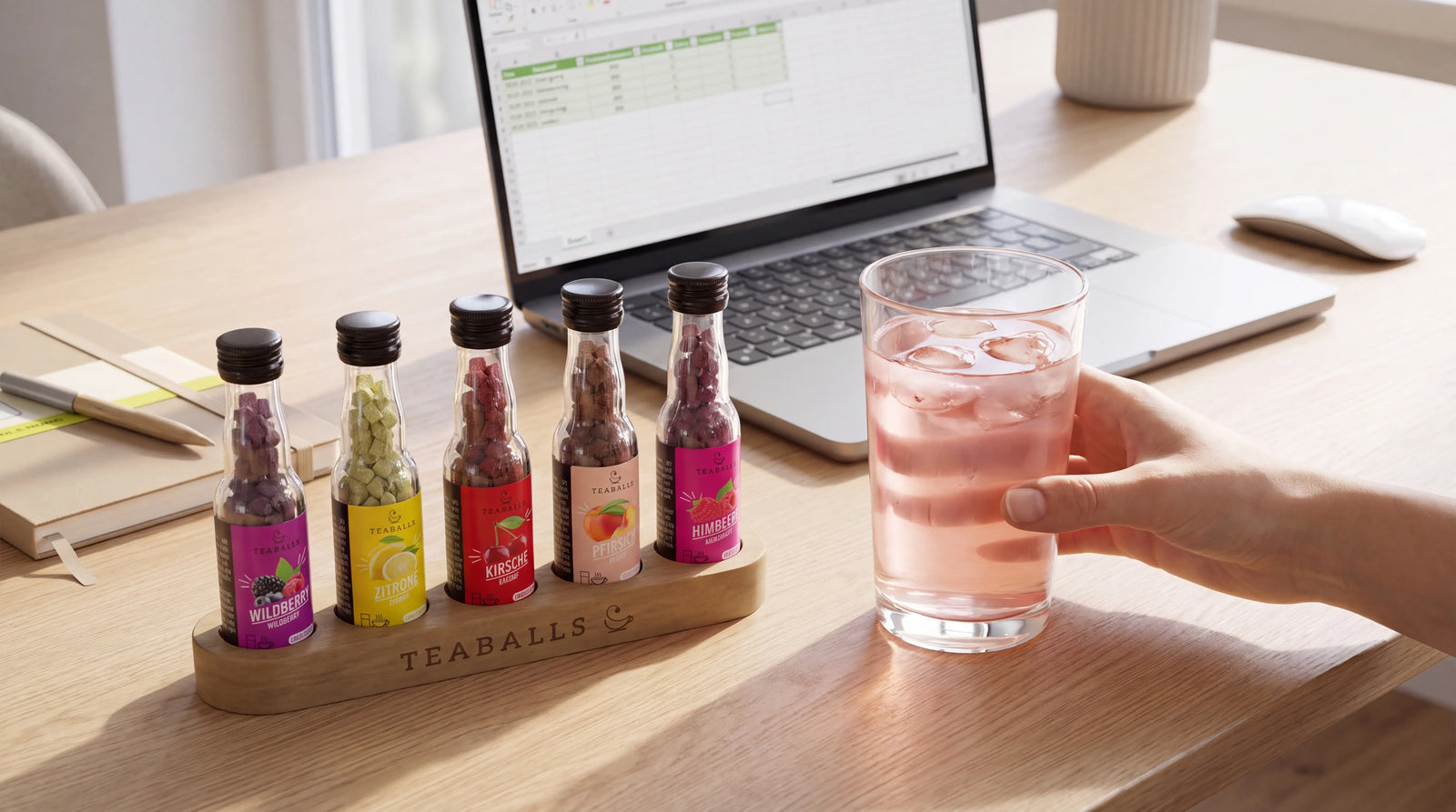 Schreibtisch-/Office-Moment, clean, modern, nicht stockig. Getränk und Produkt klar sichtbar, Fokus auf Pause / kleine Erfrischung / Routine.