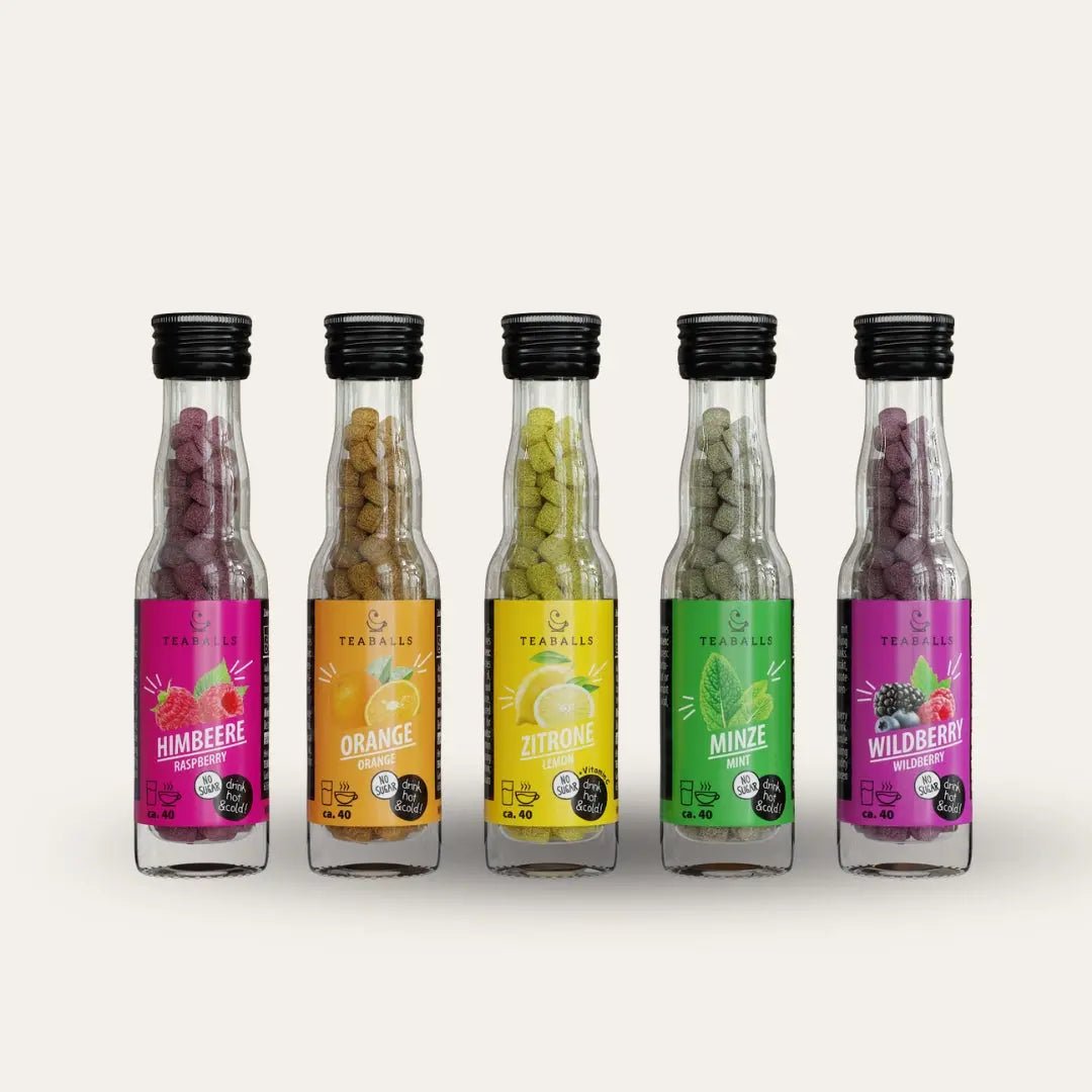 TEABALLS - 5er Set RAINBOW - HIMBEERE, ORANGE, ZITRONE, MINZE, WILDBERRY - TEABALLS GmbH