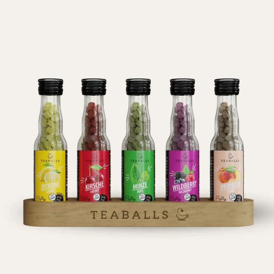 TEABALLS - 5er Set SUMMERPARTY - ZITRONE, KIRSCHE, MINZE, WILDBERRY, PFIRSICH - TEABALLS GmbH