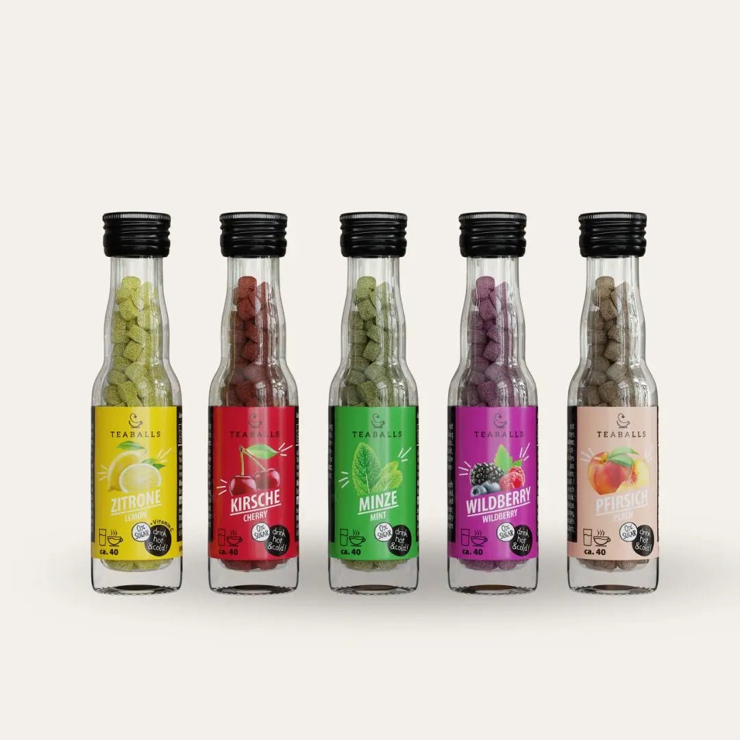 TEABALLS - 5er Set SUMMERPARTY - ZITRONE, KIRSCHE, MINZE, WILDBERRY, PFIRSICH - TEABALLS GmbH