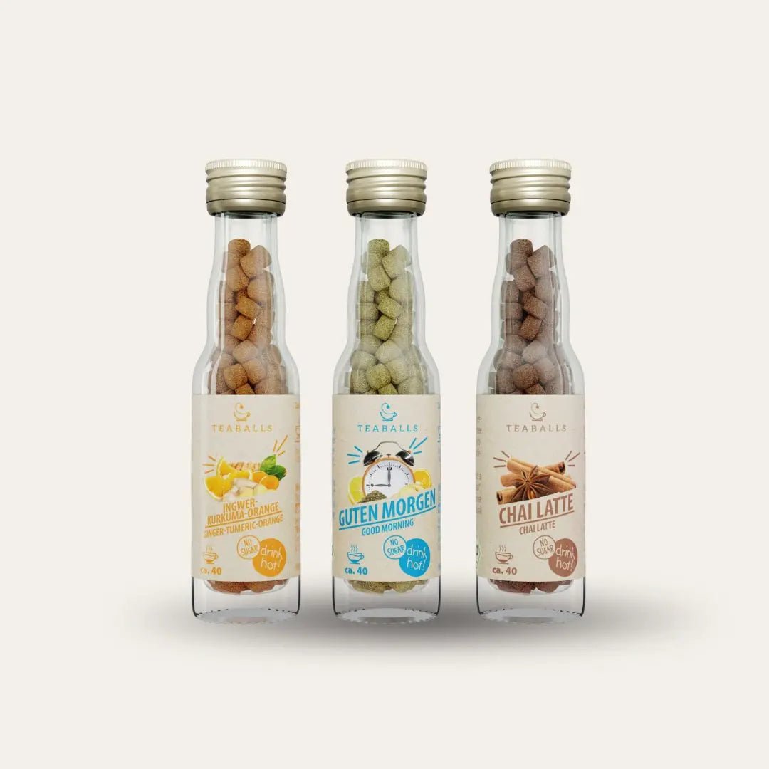 TEABALLS BIO - 3er Set FEEL GOOD - INGWER KURKUMA ORANGE, GUTEN MORGEN TEE, CHAI LATTE - TEABALLS GmbH