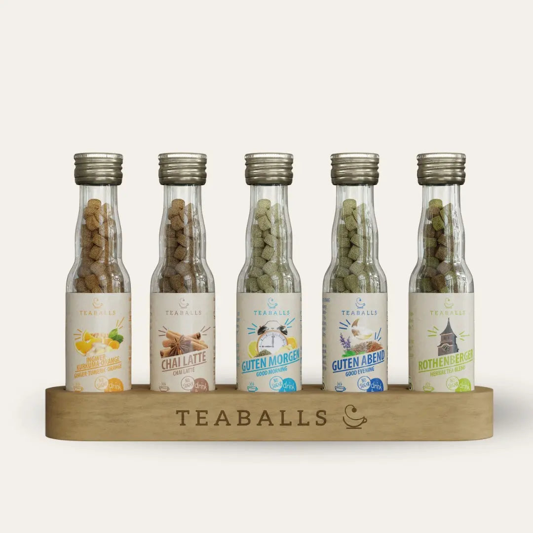 TEABALLS BIO - 5er Set BIG PURE - INGWER KURKUMA ORANGE, CHAI LATTE, GUTEN MORGEN, GUTEN ABEND, ROTHENBERGER KRÄUTERMIX - TEABALLS GmbH