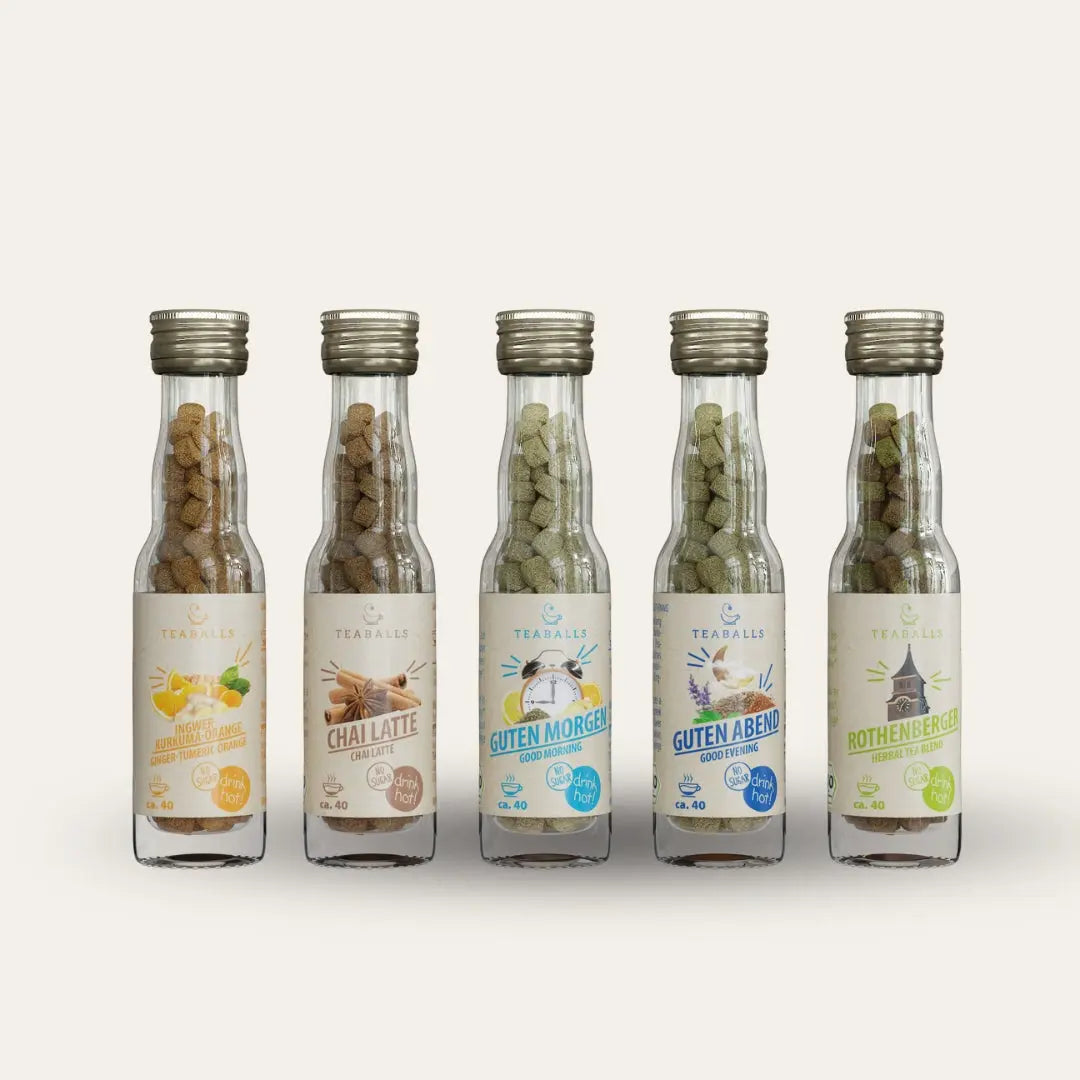TEABALLS BIO - 5er Set BIG PURE - INGWER KURKUMA ORANGE, CHAI LATTE, GUTEN MORGEN, GUTEN ABEND, ROTHENBERGER KRÄUTERMIX - TEABALLS GmbH